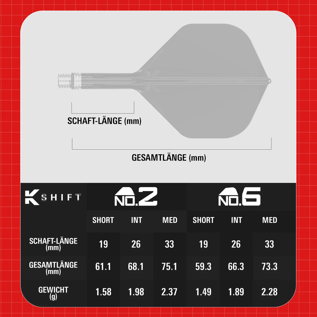 Target Flight/Shaft-System K-Shift White Standard/No2 in Short - 19mm, Intermediate - 26mm, Medium - 33mm (Set = 3 Stück)