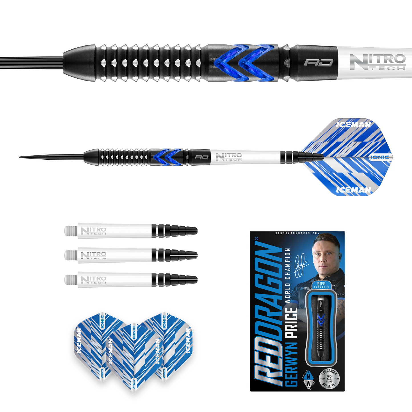 Reddragon Steel-Dart Gerwyn Price Blue Ice SE 90% Tungsten in 22g, 24g, 26g