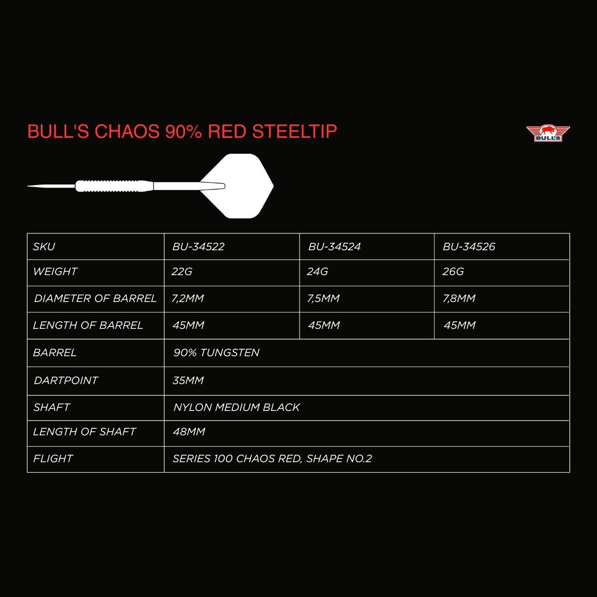 BullsNL Steel-Dart Chaos 90% Tungsten Red 22g, 24g, 26g