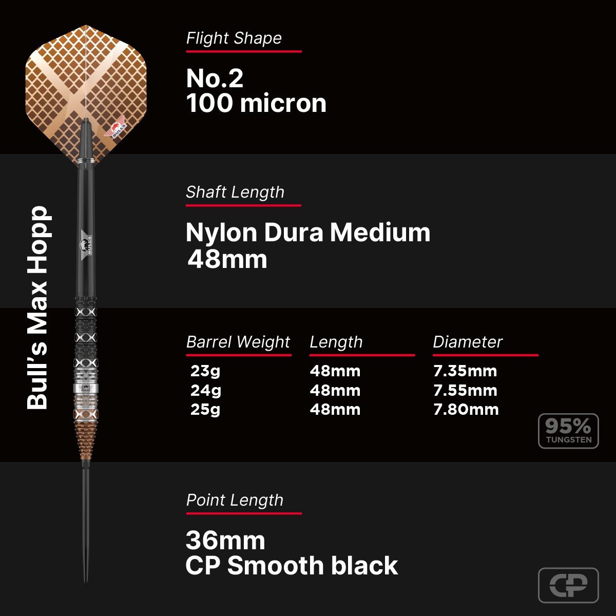 BullsNL Steel-Dart Max Hopp 95% Tungsten CP in 23g, 24g, 25g