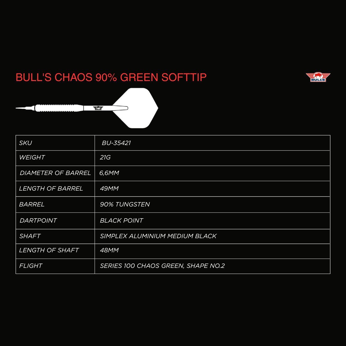 BullsNL Soft-Dart Chaos 90% Tungsten Green in 21g