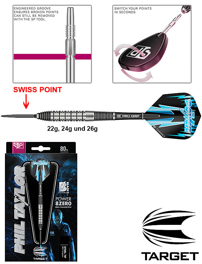 Target Steel-Dart Phil Taylor Power 8ZERO 2 Swiss Point 80% Tungsten in 22g, 24g, 26g