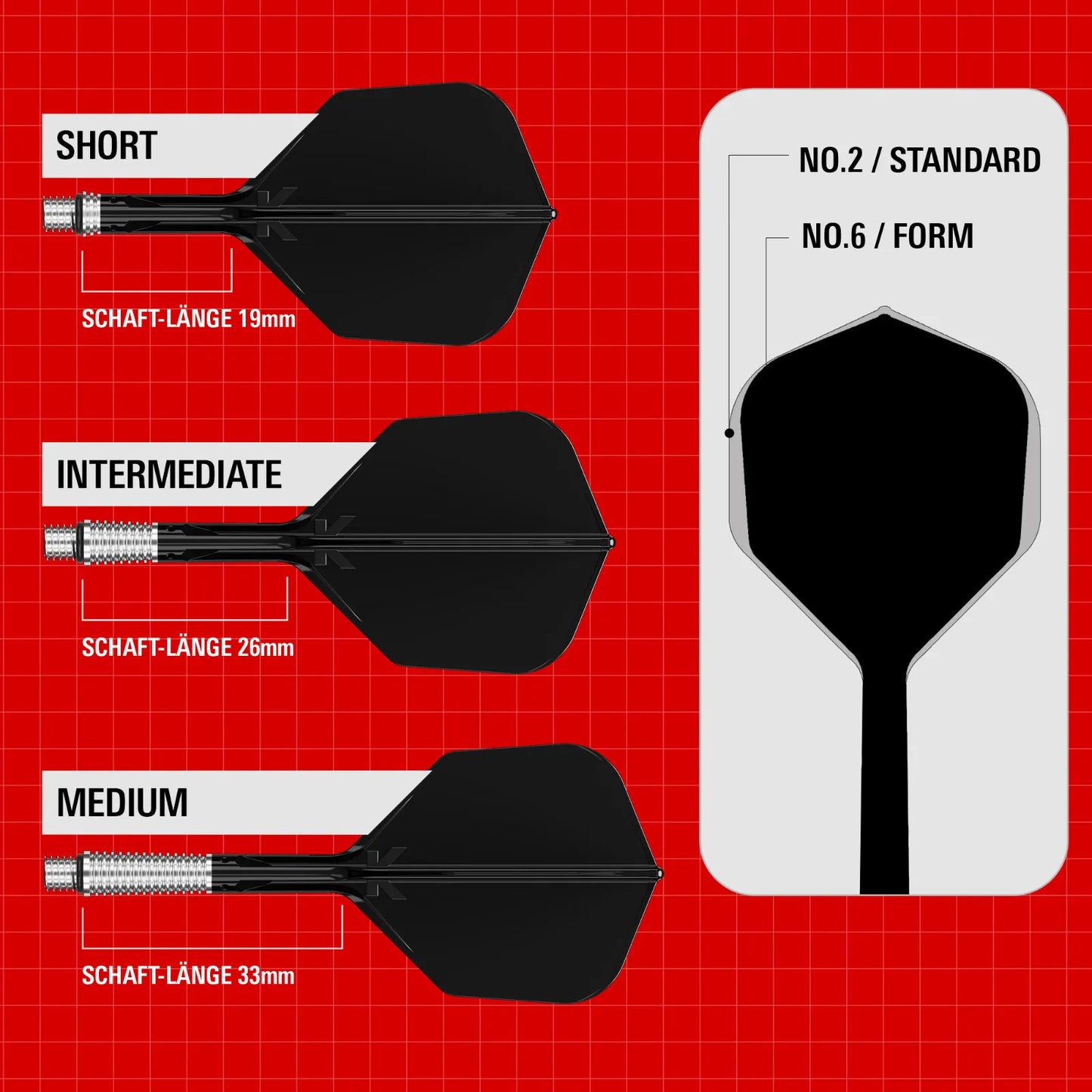 Target Flight/Shaft-System K-Shift Black Standard/No2 in Short - 19mm, Intermediate - 26mm, Medium - 33mm (Set = 3 Stück)