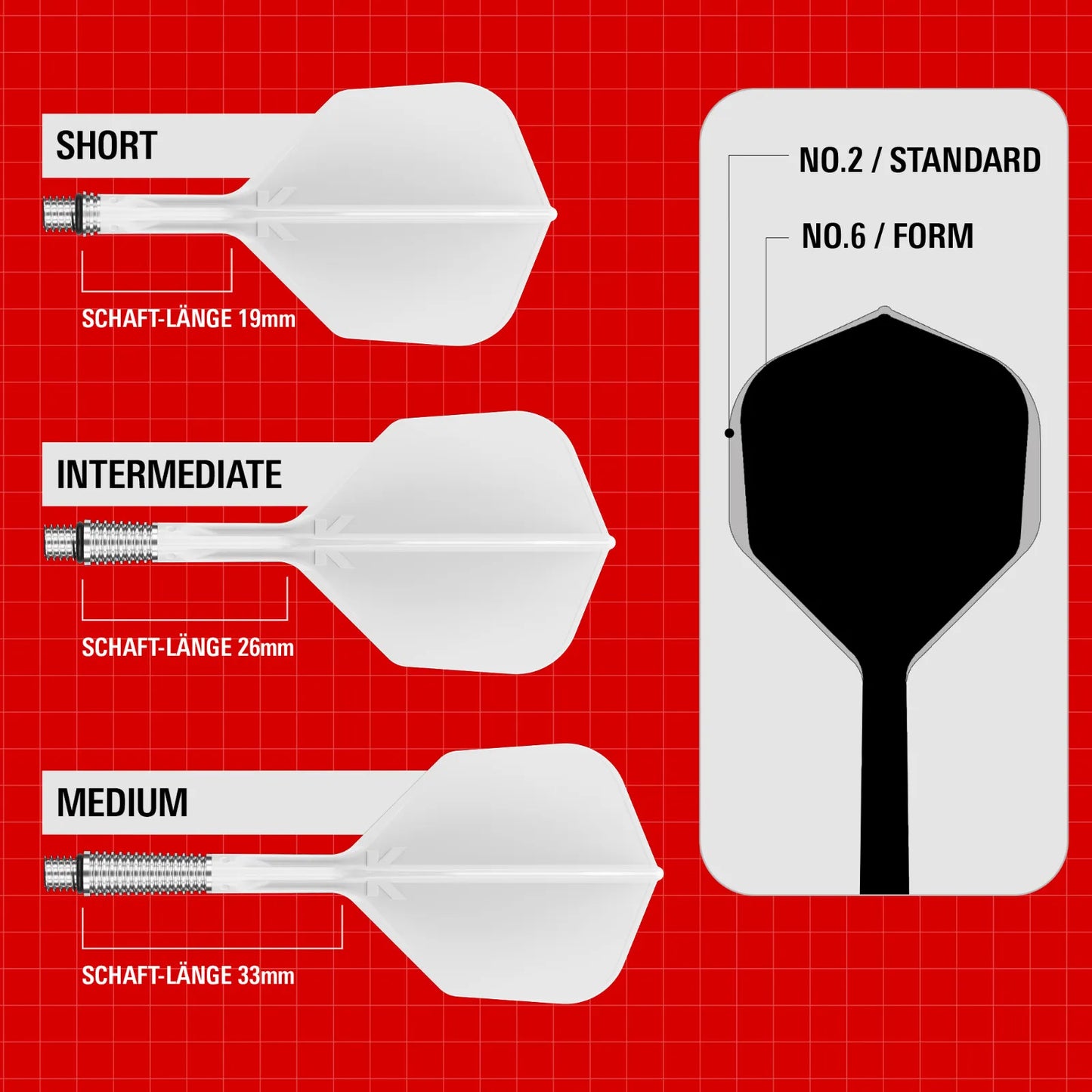 Target Flight/Shaft-System K-Shift White Standard/No2 in Short - 19mm, Intermediate - 26mm, Medium - 33mm (Set = 3 Stück)