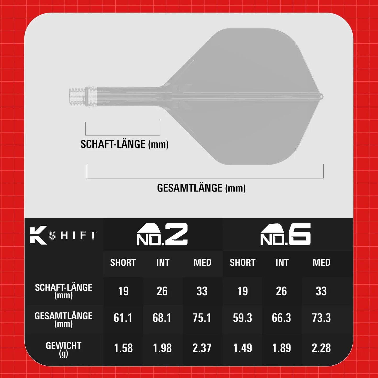 Target Flight/Shaft-System K-Shift White Standard/No2 in Short - 19mm, Intermediate - 26mm, Medium - 33mm (Set = 3 Stück)